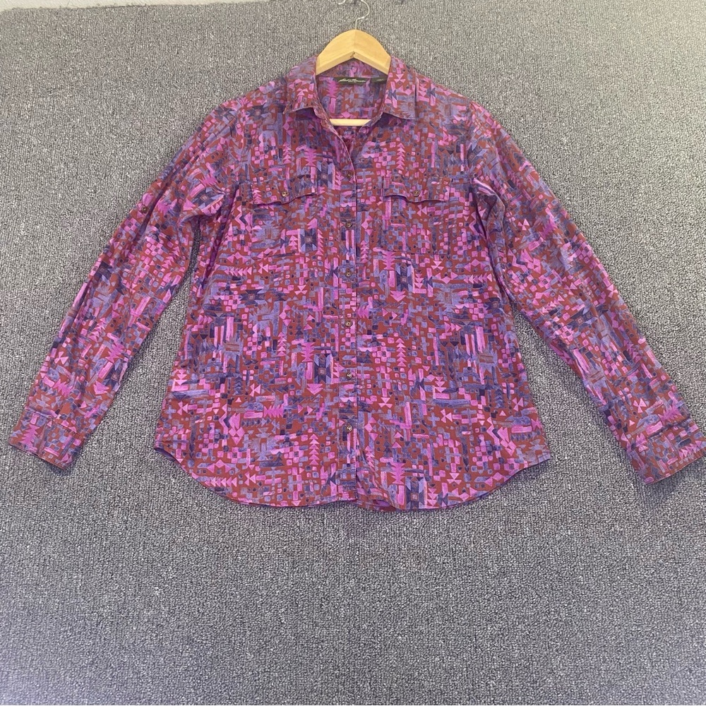 Eddie Bauer Button Up Shirt Pink Southwestern Bohemian Aztec Eclectic Women's M